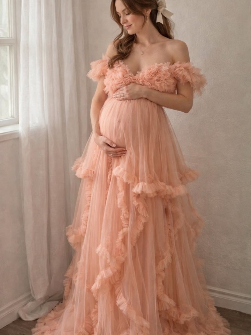 Peach Tulle Maternity Gown S /M Baby Shower Photoshoot Dress Ruffle Lace Up Back